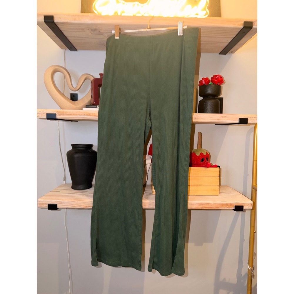 Aerie Ribbed Knit High Waisted Flare Lounge Pants Olive Green XL